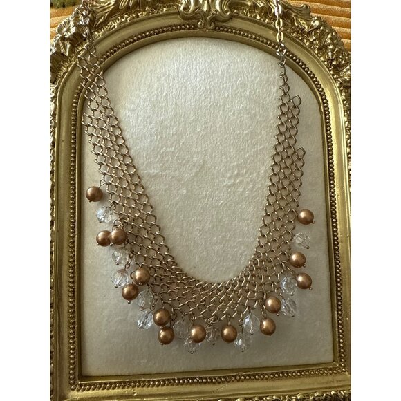 Vintage Gold-Tone Mesh Bib Necklace With Clear Crystal & Bronze Beads - Picture 1 of 8